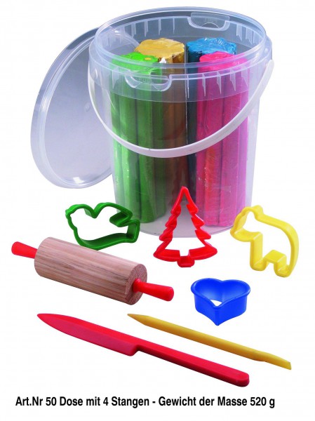 Plastilin Kneteimer 500 g, 4 Farben je 125 g, Zubehör