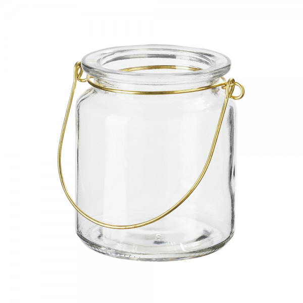 Glas mit goldenem Metallbügel