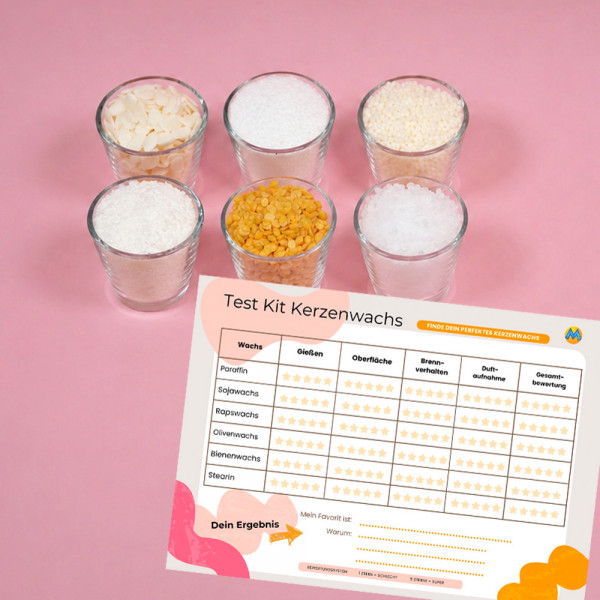 Kerzenwachs Test Kit mit sechs Wachssorten à 100 g und Bewertungsbogen