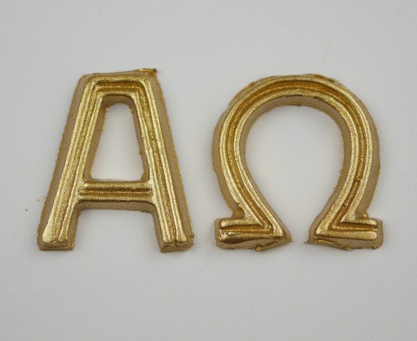 Wachsbuchstaben Alpha und Omega gold