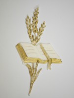 Wachsmotiv Bibel mit Ähren weiß/gold, 11 cm Wachsmotiv Bibel mit Ähren weiß/gold, 11 cm