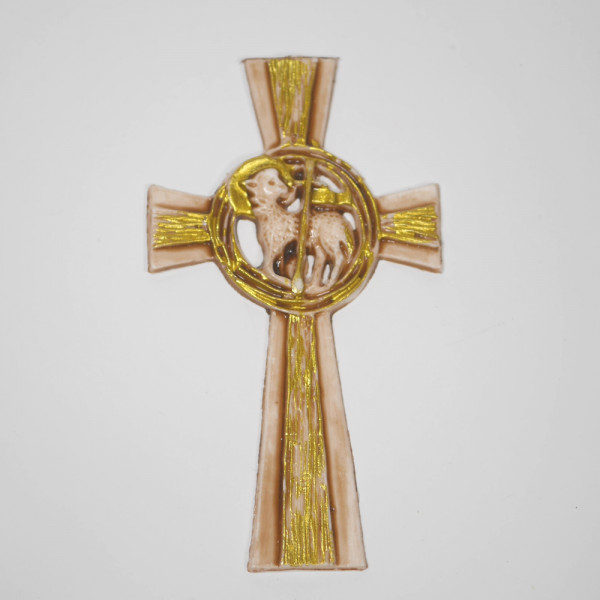 Wachsmotiv Kreuz mit Osterlamm braun/gold